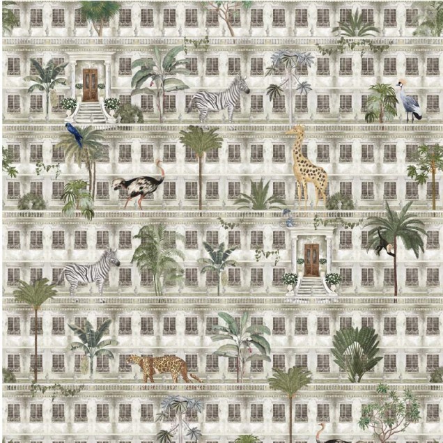 Tapet cu design exotic ce include motive de animale și arhitectură