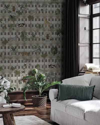 Tapet cu design exotic ce include motive de animale și arhitectură