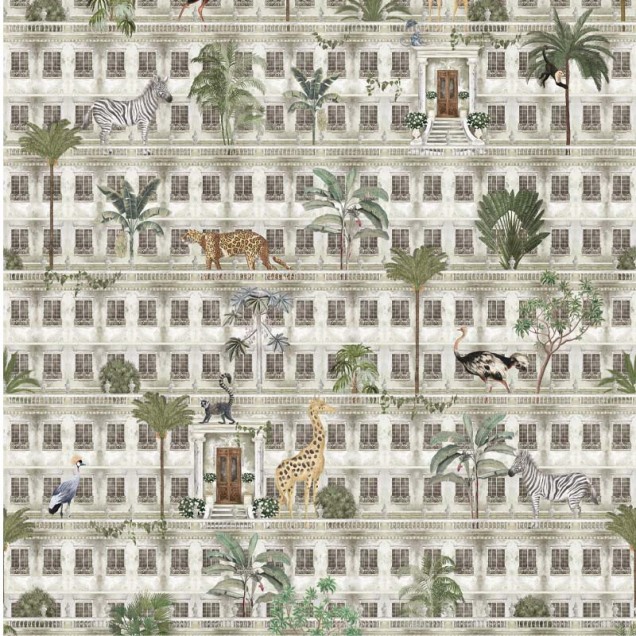 Tapet cu design exotic ce include motive de animale și arhitectură
