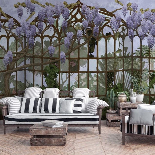 Tapet floral cu glicină și o structură metalică. Perfect pentru dormitor sau living.