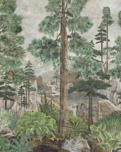 Tapet cu un design de pădure, cu copaci înalți, plante luxuriante și un râu limpede.