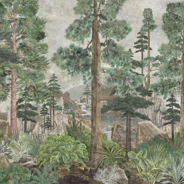 Tapet cu un design de pădure, cu copaci înalți, plante luxuriante și un râu limpede.