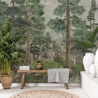 Tapet cu un design de pădure, cu copaci înalți, plante luxuriante și un râu limpede.