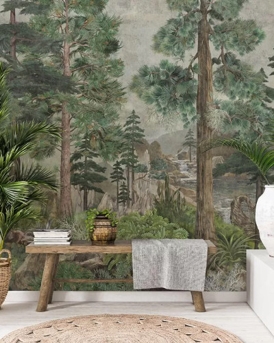 Tapet cu un design de pădure, cu copaci înalți, plante luxuriante și un râu limpede.