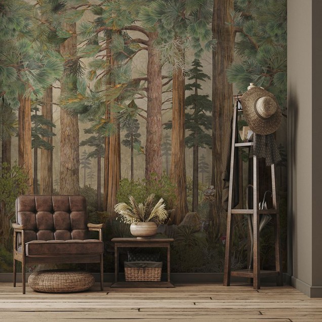 Tapet cu design realist al unei paduri cu copaci impunatori