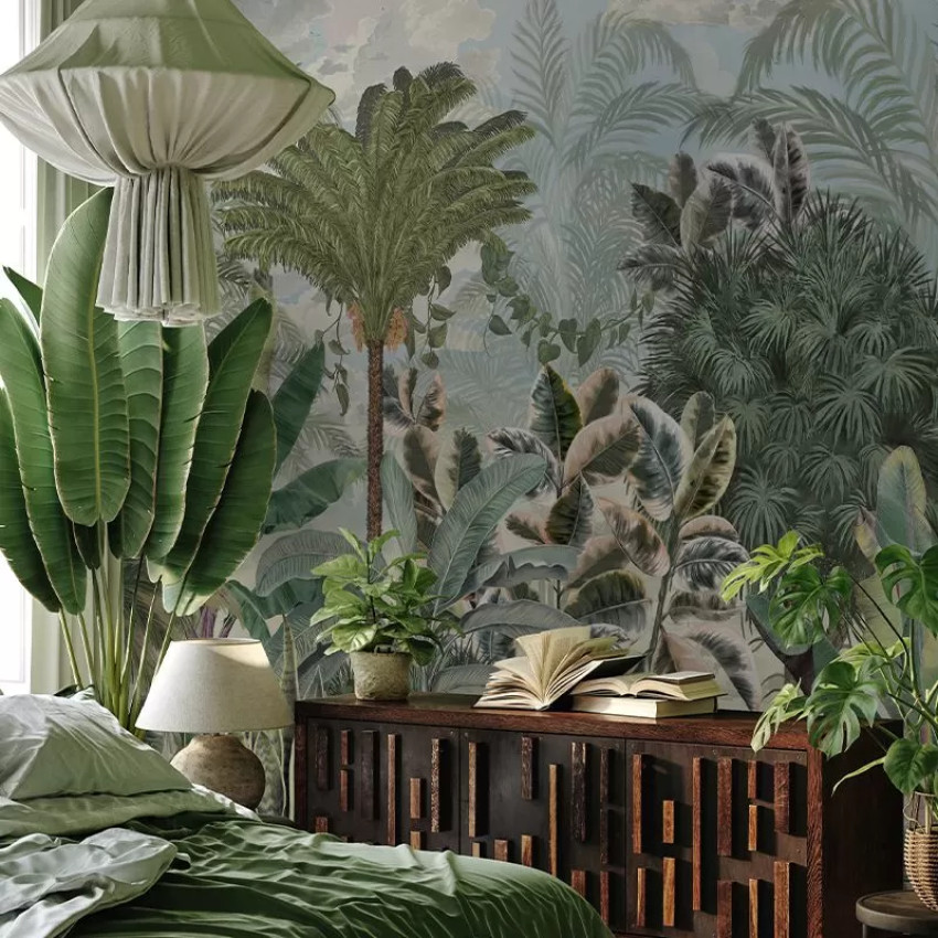 Tapet Gardenaria gri - design unic cu frunze tropicale