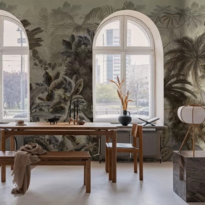 Tapet Gardenaria gri - design unic cu frunze tropicale
