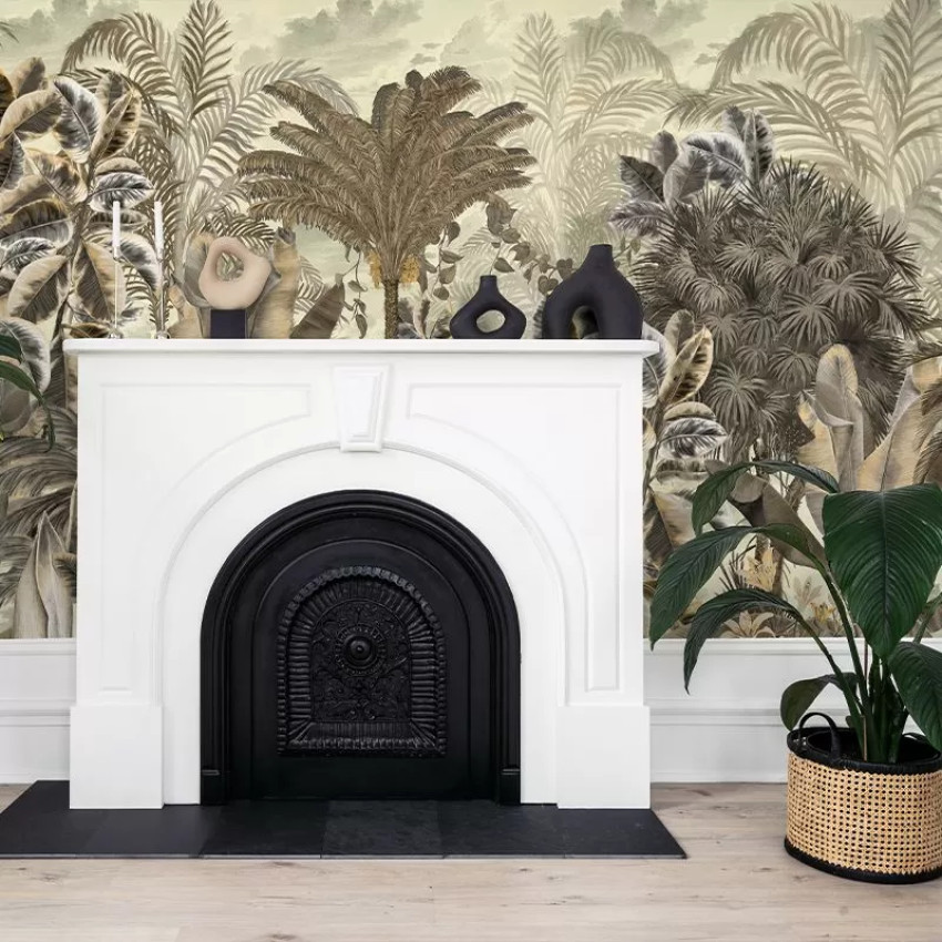 Tapet Gardenaria gri - design unic cu frunze tropicale