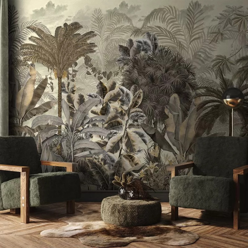 Tapet Gardenaria gri - design unic cu frunze tropicale
