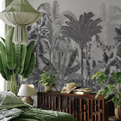 Tapet Gardenaria gri - design unic cu frunze tropicale