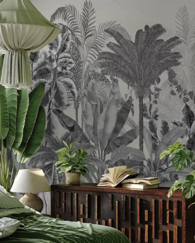 Tapet Gardenaria gri - design unic cu frunze tropicale
