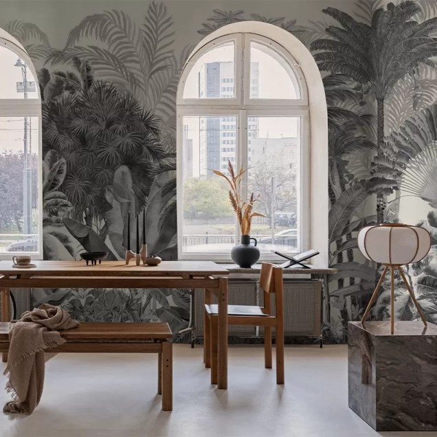 Tapet Gardenaria gri - design unic cu frunze tropicale