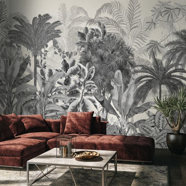 Tapet Gardenaria gri - design unic cu frunze tropicale