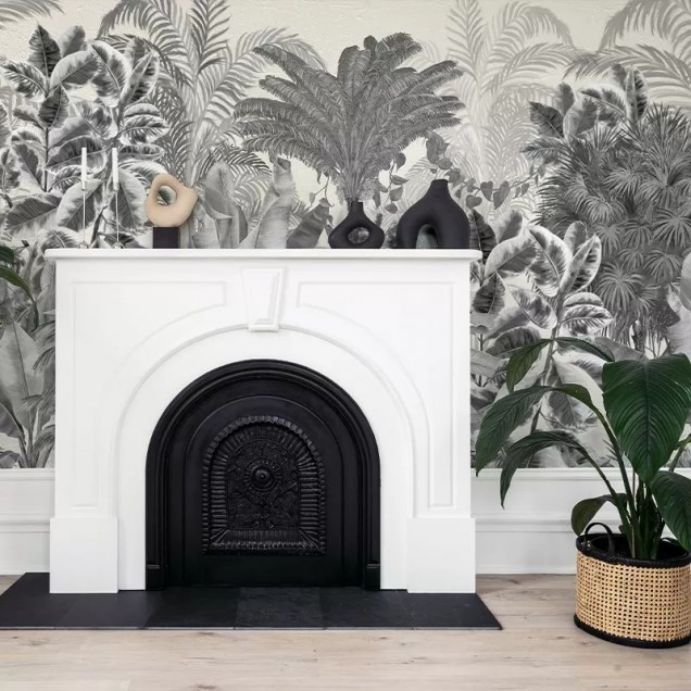 Tapet Gardenaria gri - design unic cu frunze tropicale