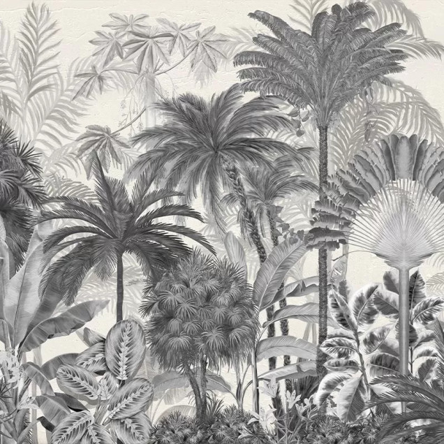 Tapet Gardenaria gri - design unic cu frunze tropicale