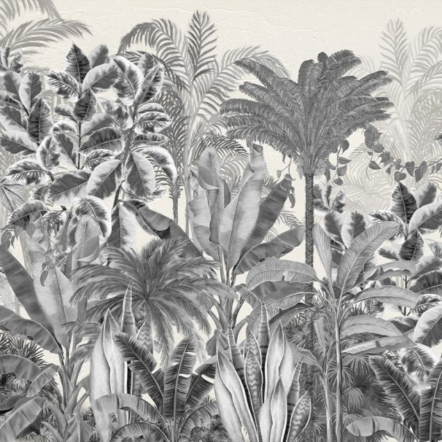 Tapet Gardenaria gri - design unic cu frunze tropicale