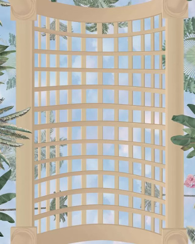 Tapet Skylight Reverie, cu o bibliotecă veche cu rafturi din lemn masiv și un tavan pictat cu flori.