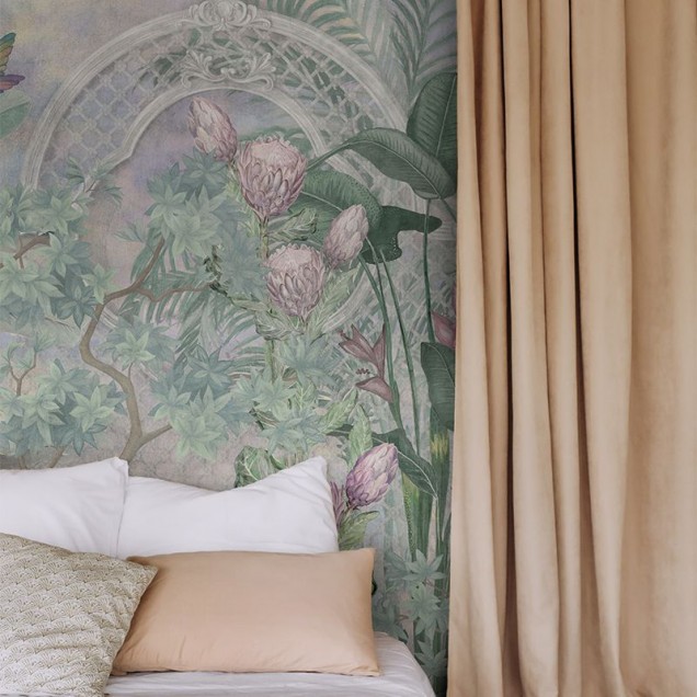 Tapet cu design exotic, Inside the bubble, cu motive florale și păsări, pe un fundal pastelat