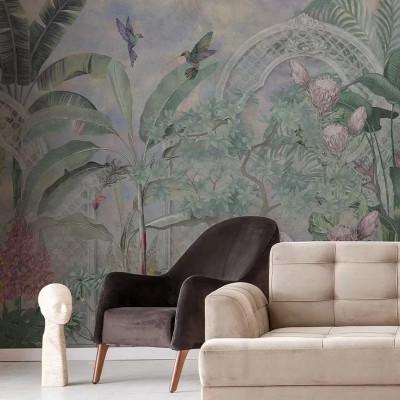 Tapet cu design exotic, Inside the bubble, cu motive florale și păsări, pe un fundal pastelat