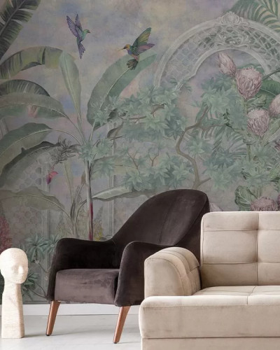 Tapet cu design exotic, Inside the bubble, cu motive florale și păsări, pe un fundal pastelat