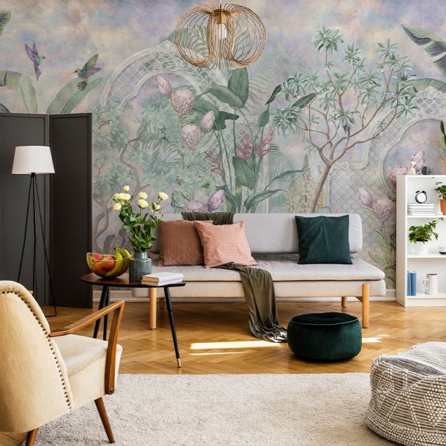 Tapet cu design exotic, Inside the bubble, cu motive florale și păsări, pe un fundal pastelat