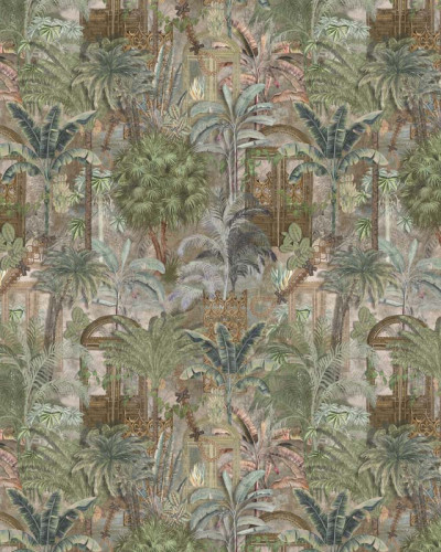 Tapet Jungle District (Day) - Design vibrant cu palmieri și plante tropicale.