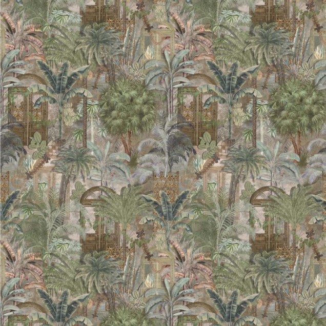 Tapet Jungle District (Day) - Design vibrant cu palmieri și plante tropicale.
