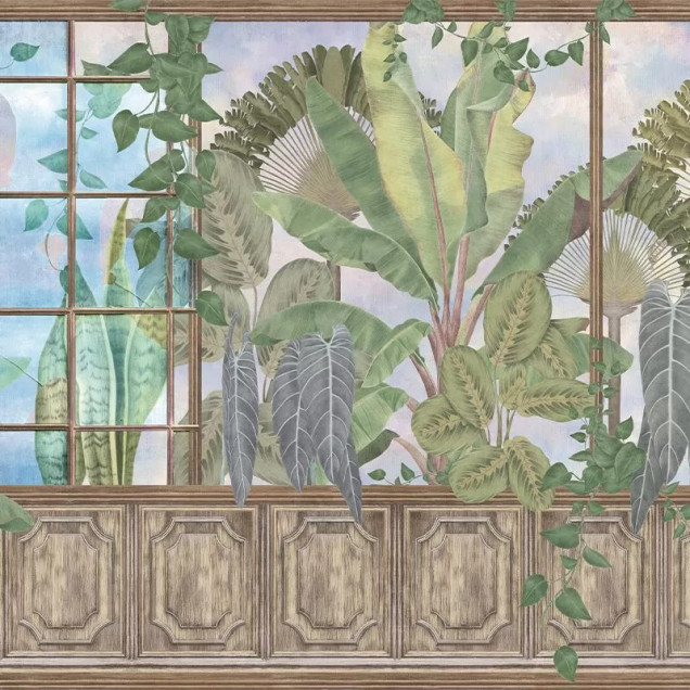 Tapet cu design modern care înfățișează o grădină botanică cu plante tropicale.