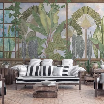 Tapet cu design modern care înfățișează o grădină botanică cu plante tropicale.