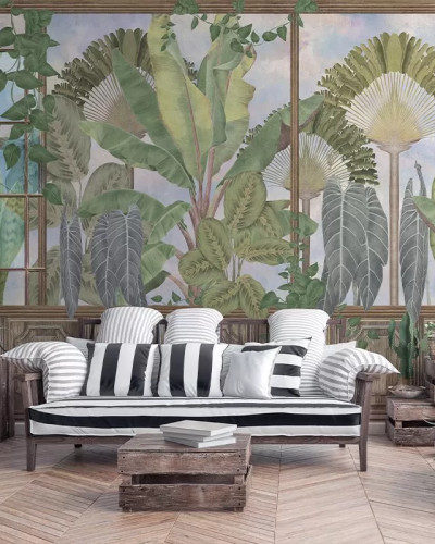 Tapet cu design modern care înfățișează o grădină botanică cu plante tropicale.