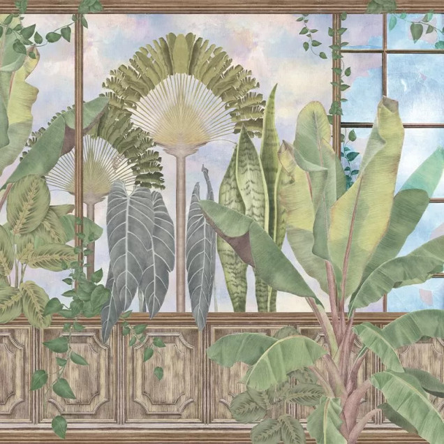 Tapet cu design modern care înfățișează o grădină botanică cu plante tropicale.
