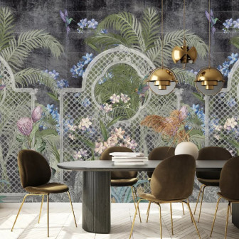 Tapet floral elegant cu colibri și frunze tropicale