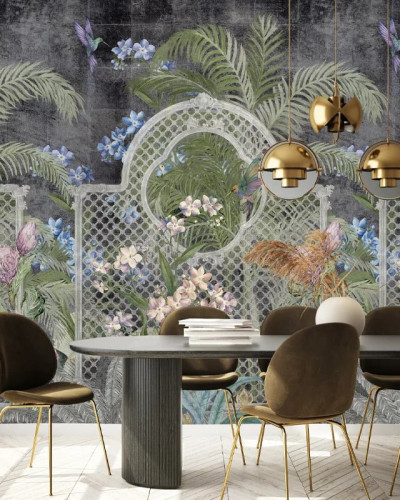 Tapet floral elegant cu colibri și frunze tropicale