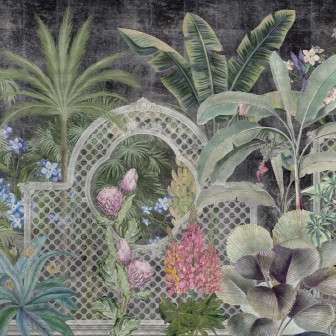 Tapet floral elegant cu colibri și frunze tropicale