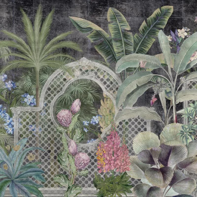 Tapet floral elegant cu colibri și frunze tropicale