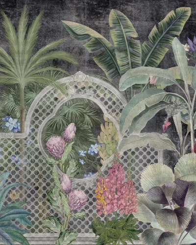 Tapet floral elegant cu colibri și frunze tropicale