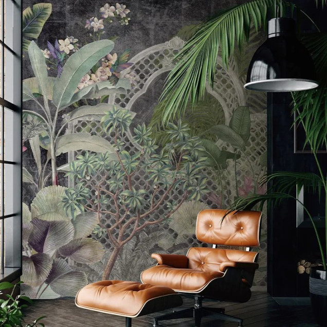 Tapet floral elegant cu colibri și frunze tropicale