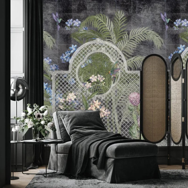 Tapet floral elegant cu colibri și frunze tropicale