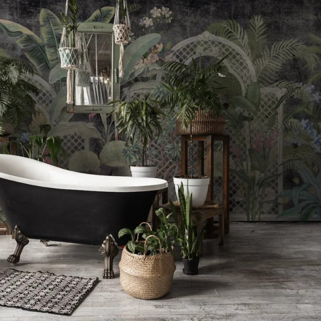 Tapet floral elegant cu colibri și frunze tropicale