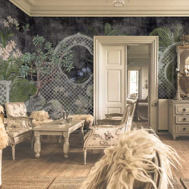 Tapet floral elegant cu colibri și frunze tropicale