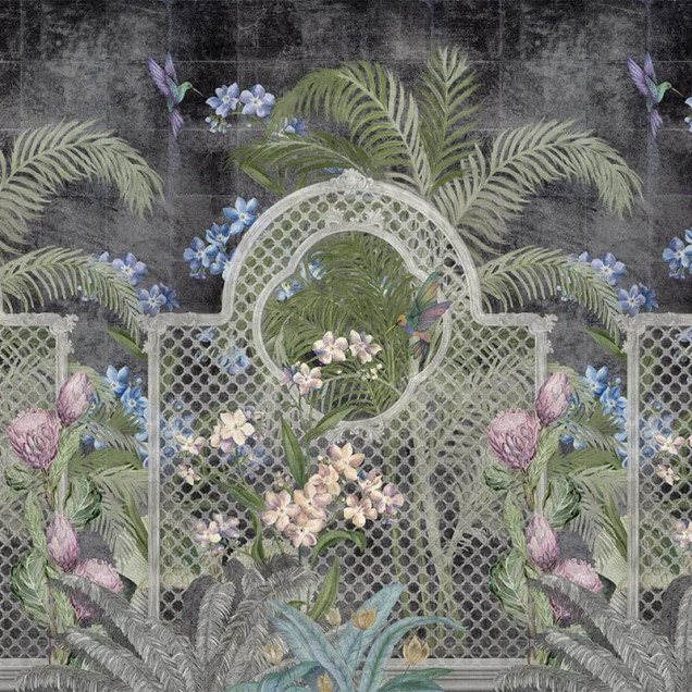 Tapet floral elegant cu colibri și frunze tropicale