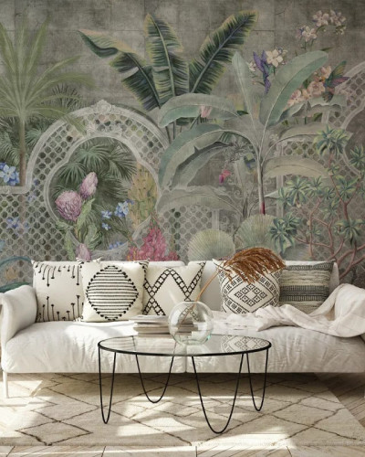 Fototapet cu design tropical, plante și flori