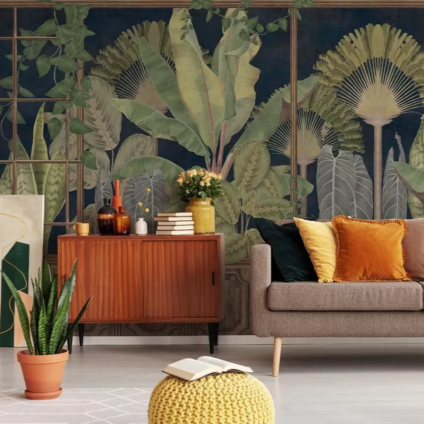Tapet cu design modern care înfățișează o grădină botanică cu plante tropicale.