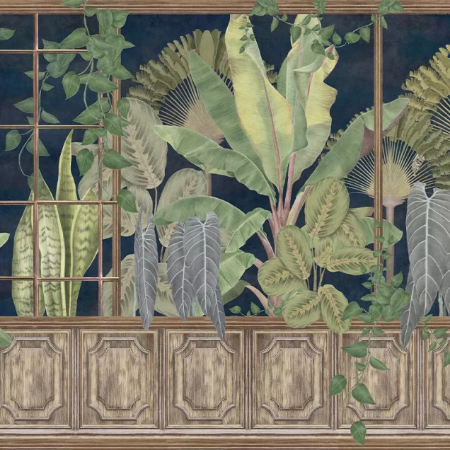 Un dormitor decorat cu un tapet cu plante tropicale, în tonuri de verde și albastru, creează o atmosferă relaxantă și sofisticată.