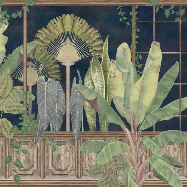 Un dormitor decorat cu un tapet cu plante tropicale, în tonuri de verde și albastru, creează o atmosferă relaxantă și sofisticată.