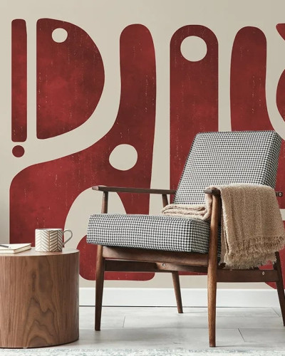 Tapet personalizat cu design abstract roșu într-un interior modern