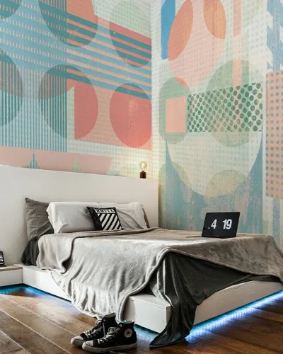 Tapet geometric modern cu design pastelat, ideal pentru dormitor, living sau birou
