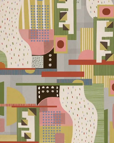 Tapet geometric abstract cu culori vibrante, perfect pentru decorarea dormitorului, livingului sau biroului.