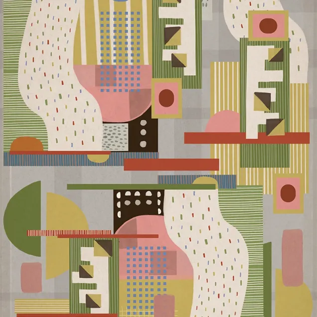 Tapet geometric abstract cu culori vibrante, perfect pentru decorarea dormitorului, livingului sau biroului.