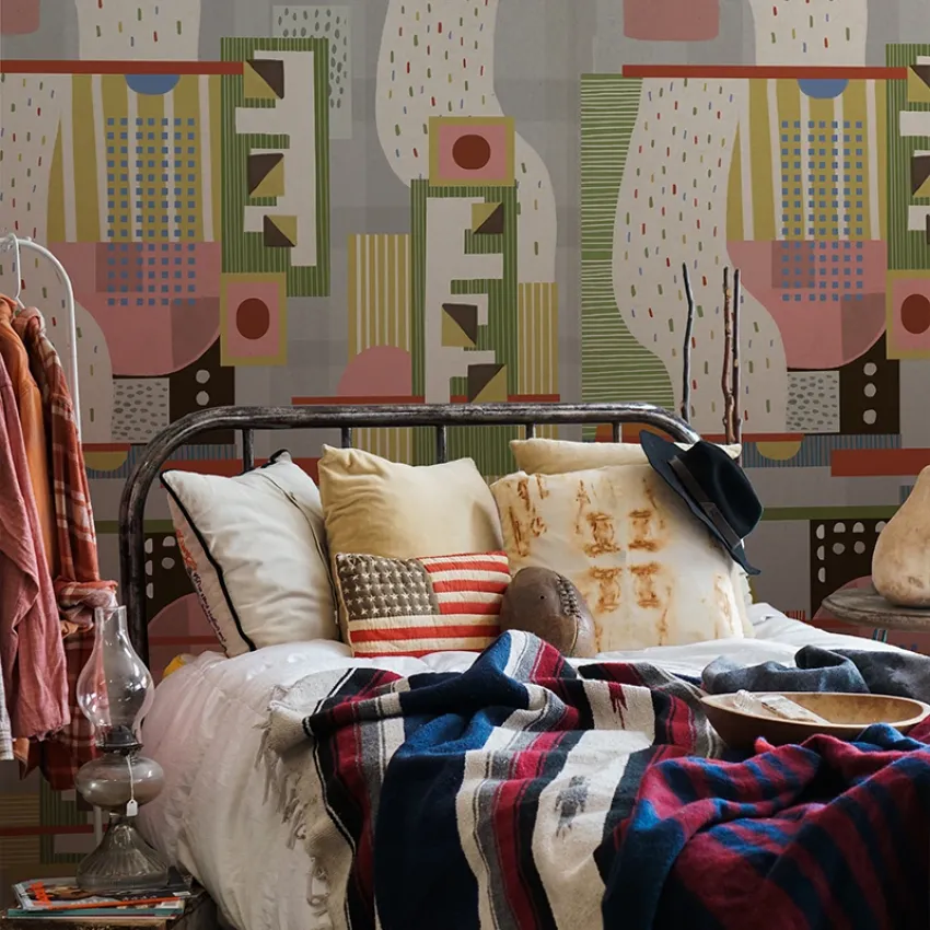 Tapet geometric abstract cu culori vibrante, perfect pentru decorarea dormitorului, livingului sau biroului.